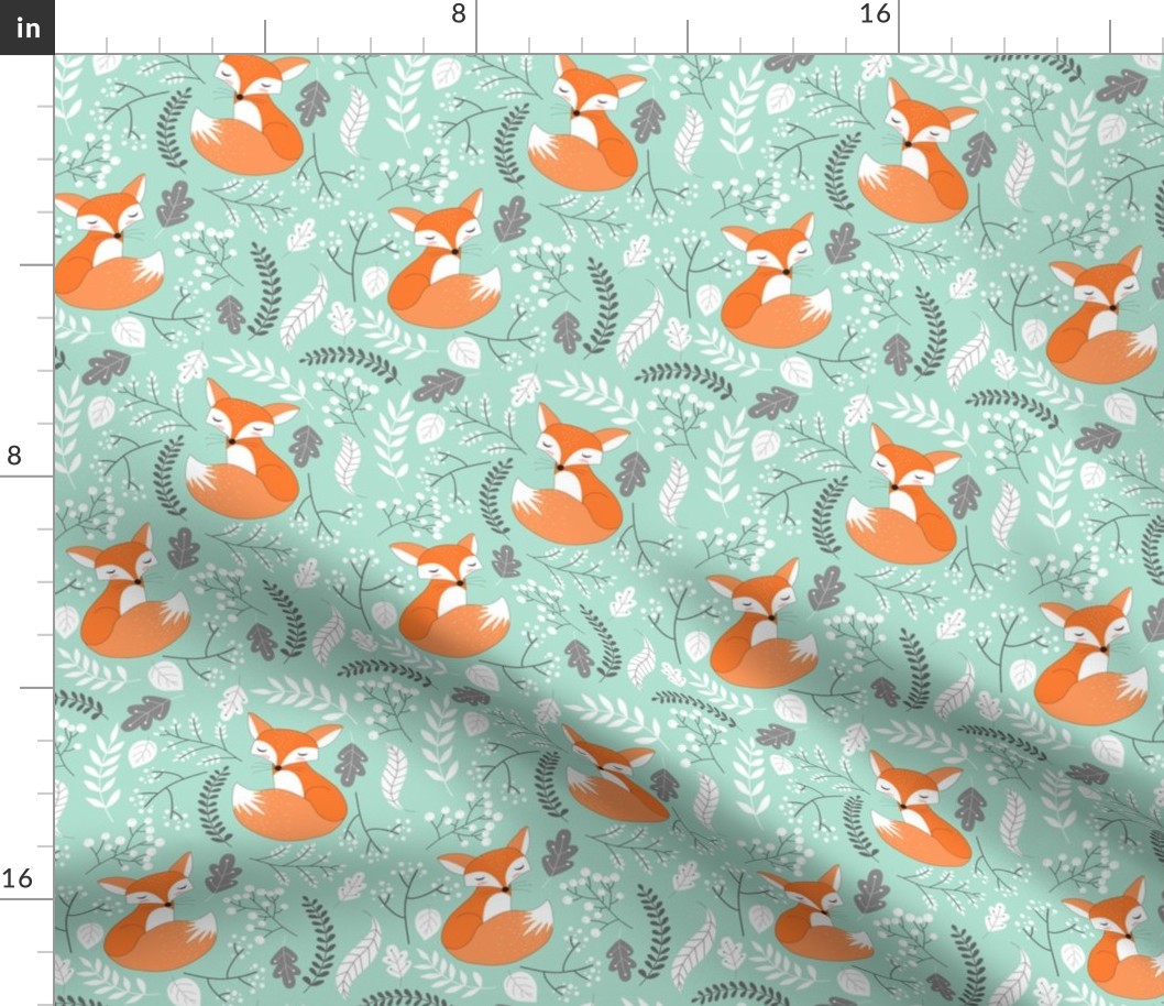 Fox - Sleepy Foxes (mint candy) Baby Nursery Woodland Animals Kids Childrens Bedding M4