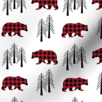 Woodland Bear & Trees  – Red Plaid Bears Buffalo Plaid Check Forest Baby Nursery Bedding