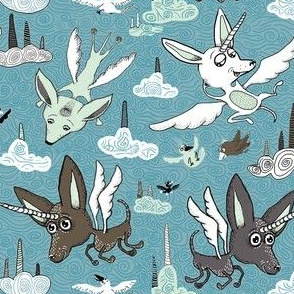 chipegacorn, chihuahua dog + pegasus + unicorn mythical creature! large scale, blue mint green brown white black