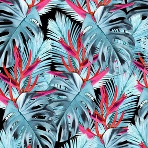 Tropical plants and flowers red-blue  pattern