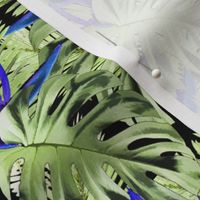 Tropical plants and flowers green blue pattern 