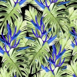 Tropical plants and flowers green blue pattern 