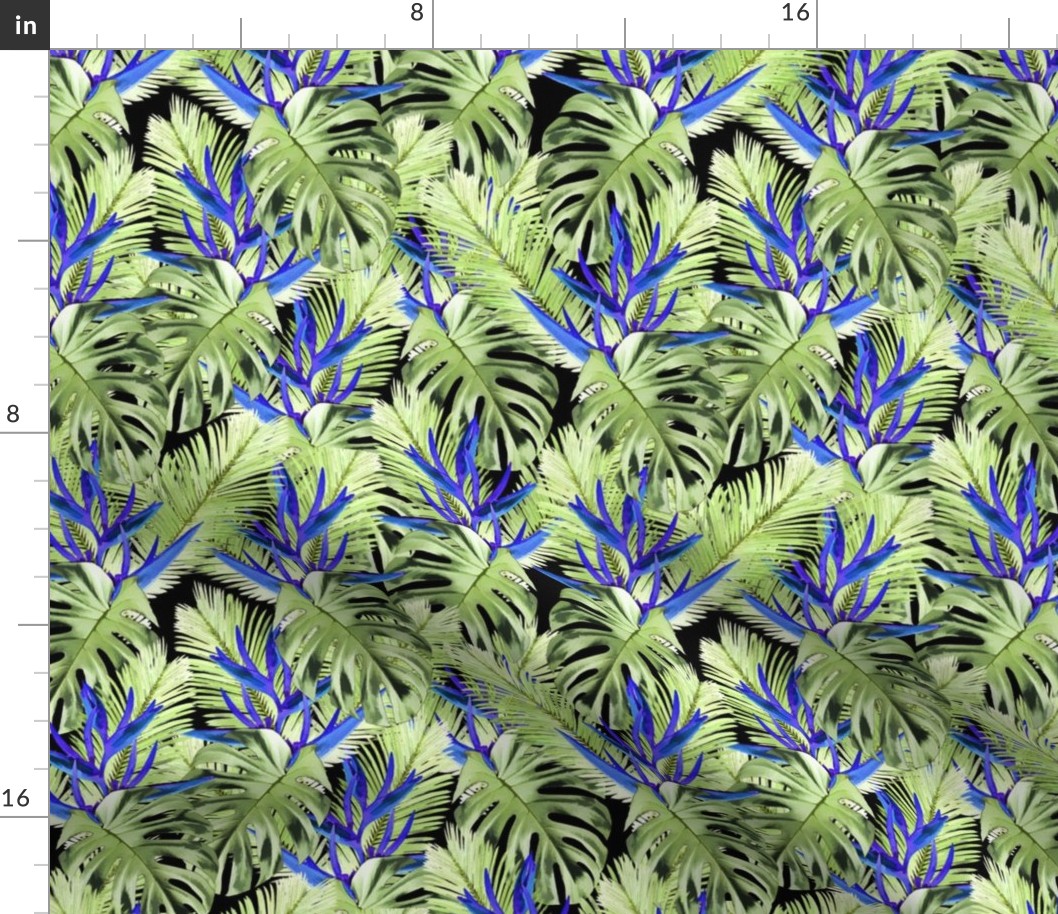 Tropical plants and flowers green blue pattern 