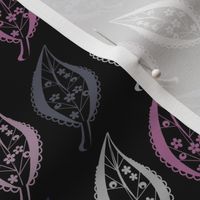 Delicate leaves floral retro, sixties, black and purple, creative, exotic leaves, tropical pattern