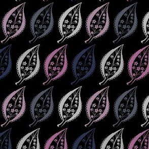 Delicate leaves floral retro, sixties, black and purple, creative, exotic leaves, tropical pattern