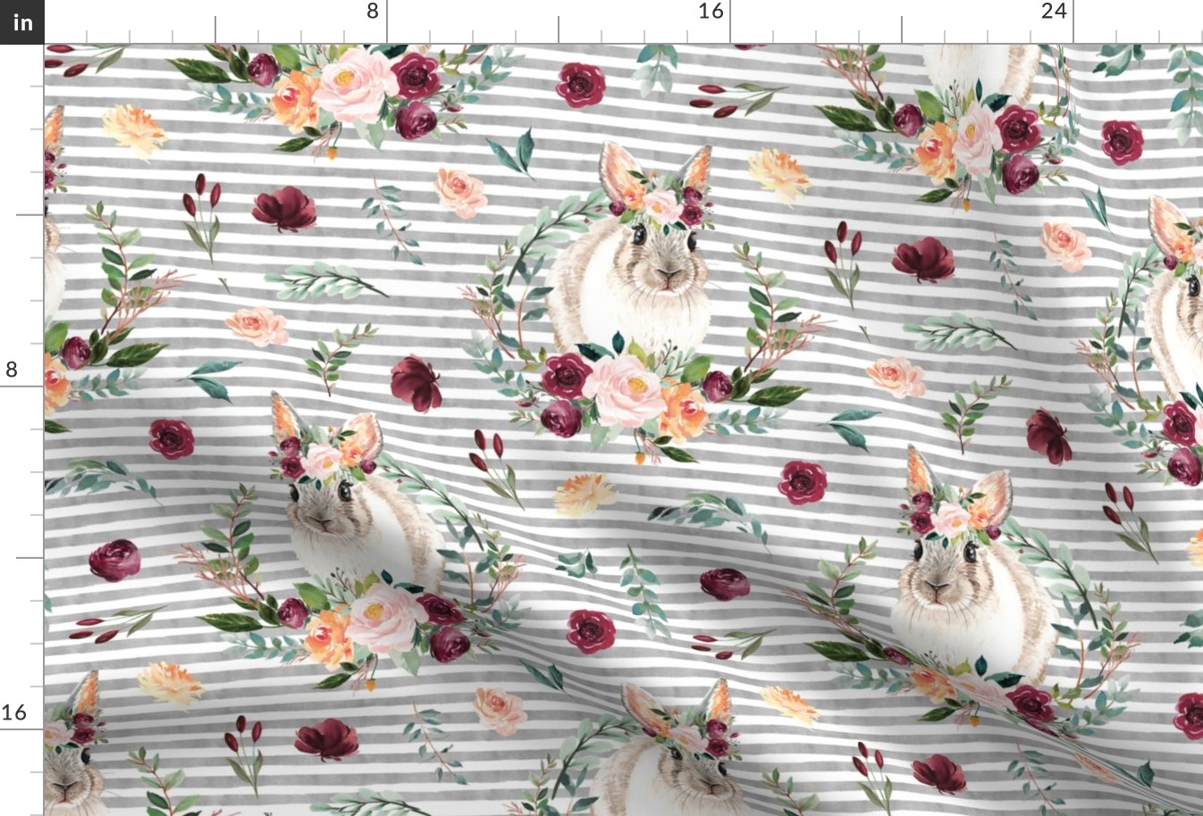 paprika floral bunny on gray stripes