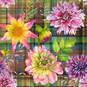 DALHIA FLOWERS SCATTERED ON MADRAS PLAID AUTUMN SHADES