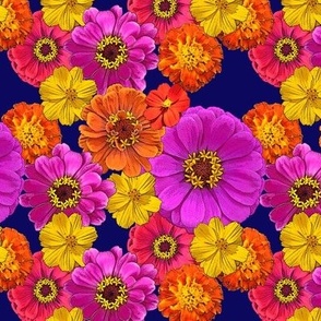 Colorful Flowers on Navy Blue, orange, red, hot pink, yellow, zinnias, buttercups, marigolds, maximalist