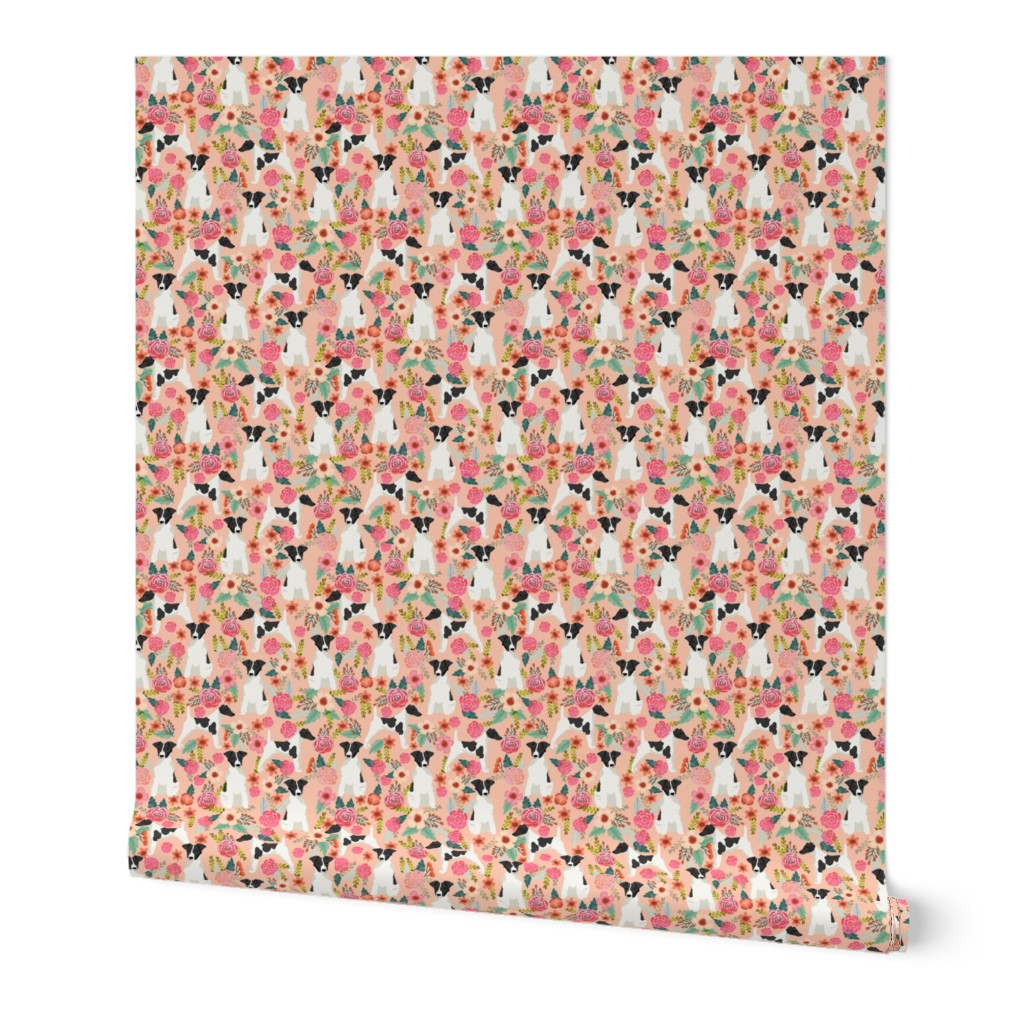 smooth fox terrier black and white coat floral fabric blush