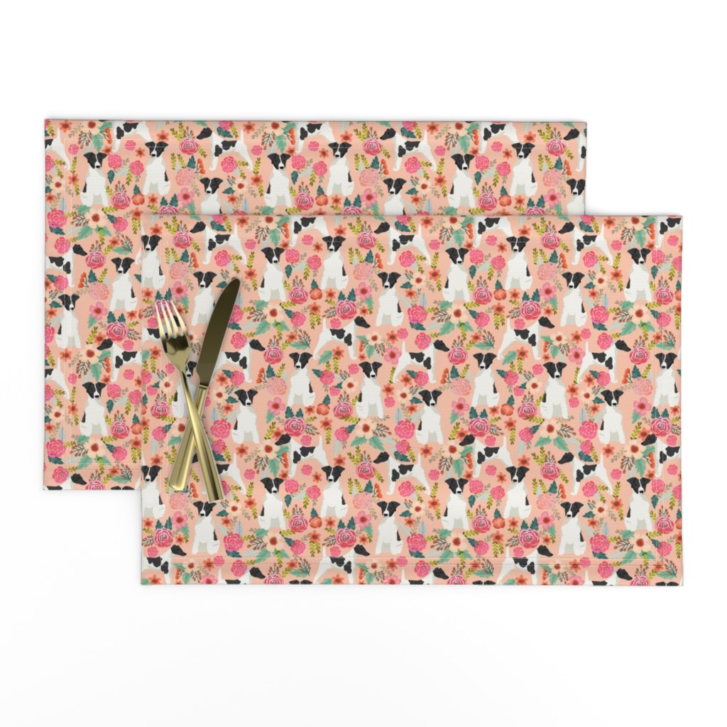 smooth fox terrier black and white coat floral fabric blush