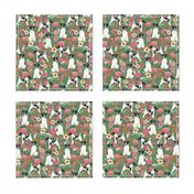 smooth fox terrier black and white coat floral fabric green