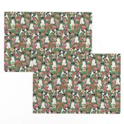 smooth fox terrier black and white coat floral fabric green