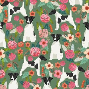 smooth fox terrier black and white coat floral fabric green