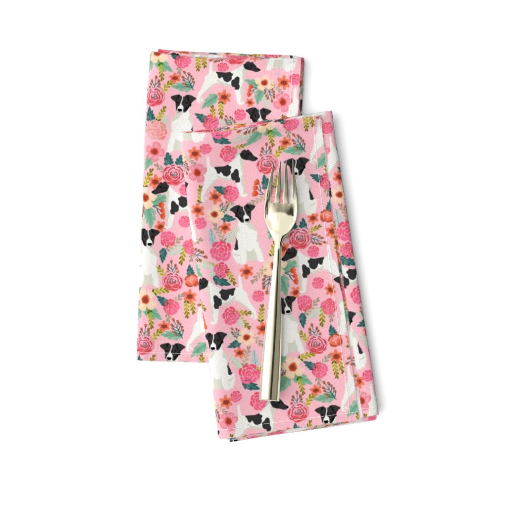 smooth fox terrier black and white coat floral fabric pink