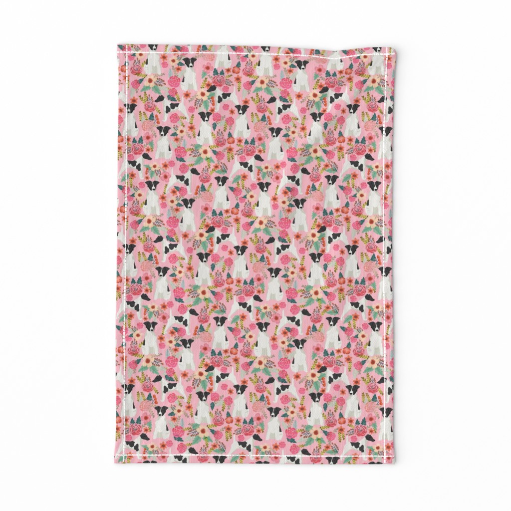 smooth fox terrier black and white coat floral fabric pink