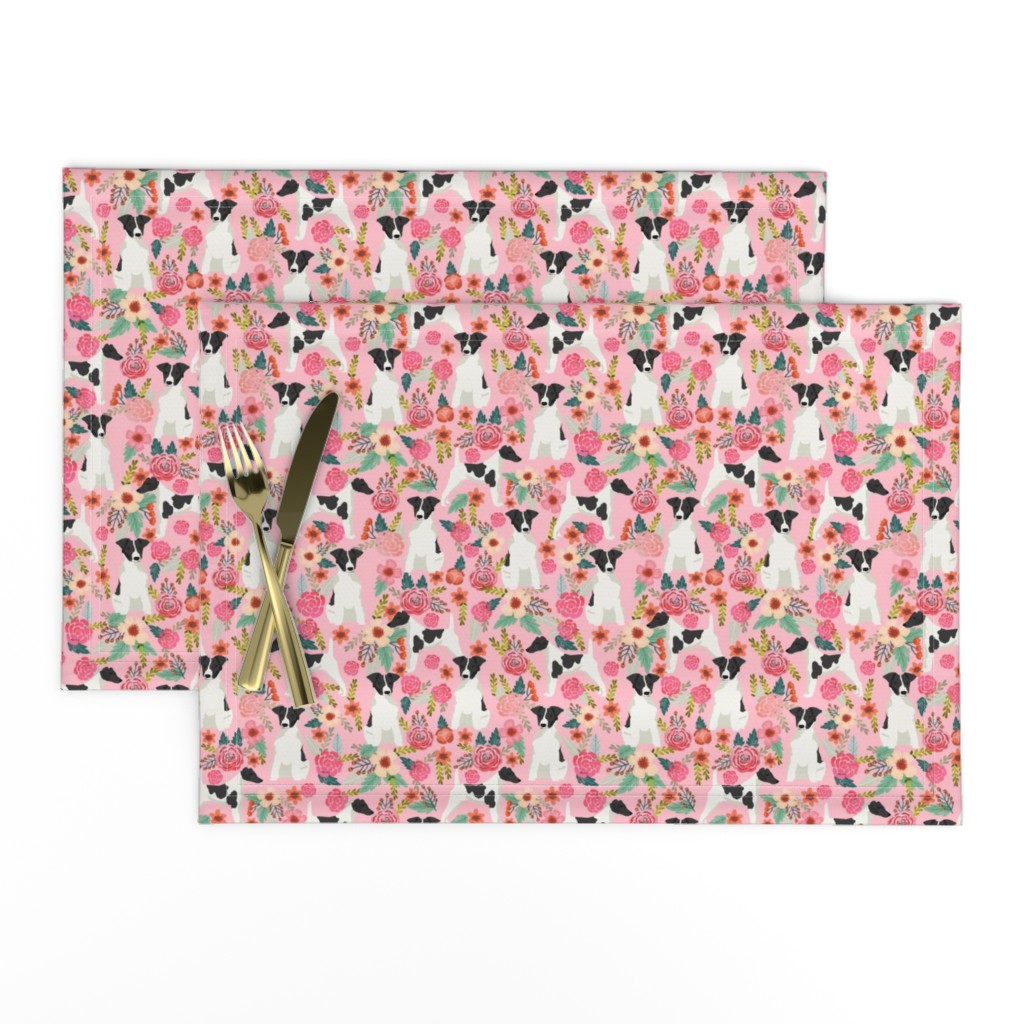 smooth fox terrier black and white coat floral fabric pink