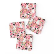 smooth fox terrier black and white coat floral fabric pink