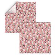 smooth fox terrier black and white coat floral fabric pink