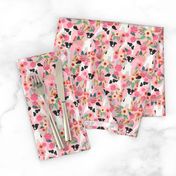 smooth fox terrier black and white coat floral fabric pink