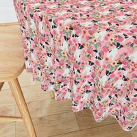 smooth fox terrier black and white coat floral fabric pink