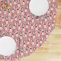 smooth fox terrier black and white coat floral fabric pink