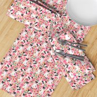 smooth fox terrier black and white coat floral fabric pink