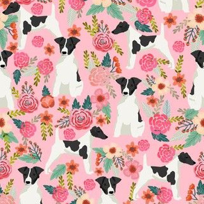 smooth fox terrier black and white coat floral fabric pink