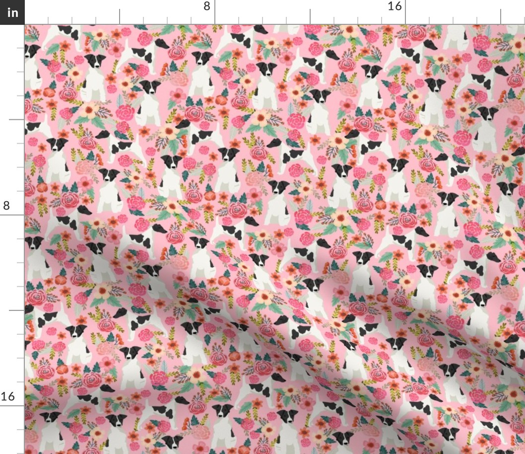 smooth fox terrier black and white coat floral fabric pink