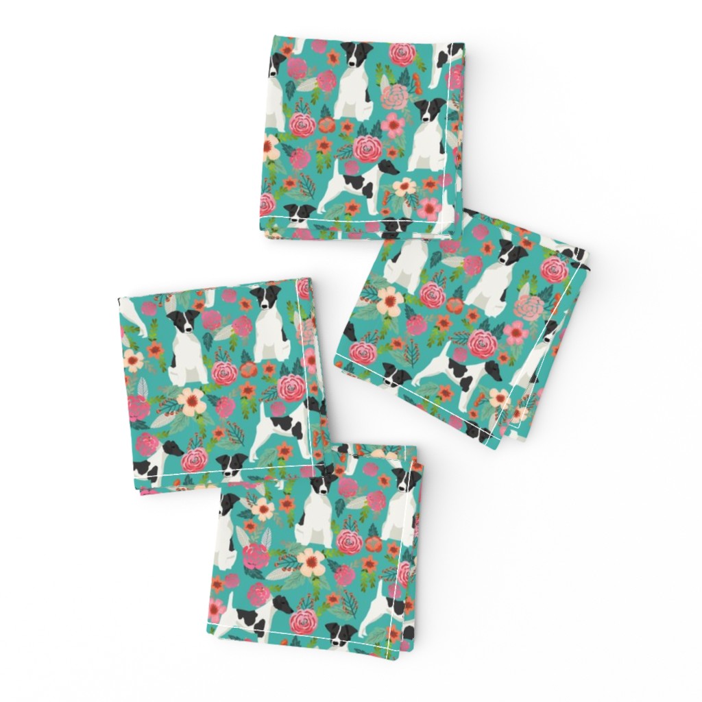 smooth fox terrier black and white coat floral fabric turquoise