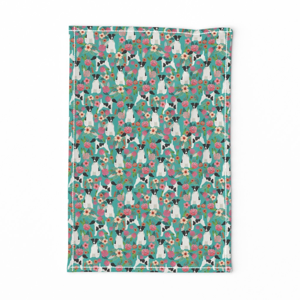 smooth fox terrier black and white coat floral fabric turquoise