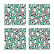 smooth fox terrier black and white coat floral fabric turquoise