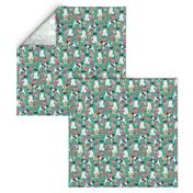 smooth fox terrier black and white coat floral fabric turquoise