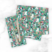 smooth fox terrier black and white coat floral fabric turquoise