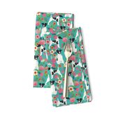 smooth fox terrier black and white coat floral fabric turquoise