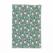 smooth fox terrier black and white coat floral fabric turquoise