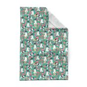 smooth fox terrier black and white coat floral fabric turquoise