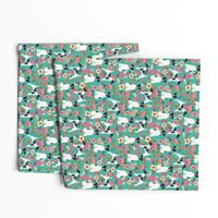 smooth fox terrier black and white coat floral fabric turquoise