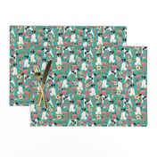smooth fox terrier black and white coat floral fabric turquoise