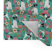 smooth fox terrier black and white coat floral fabric turquoise