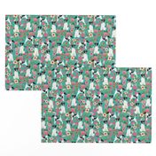 smooth fox terrier black and white coat floral fabric turquoise