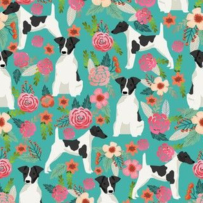 smooth fox terrier black and white coat floral fabric turquoise