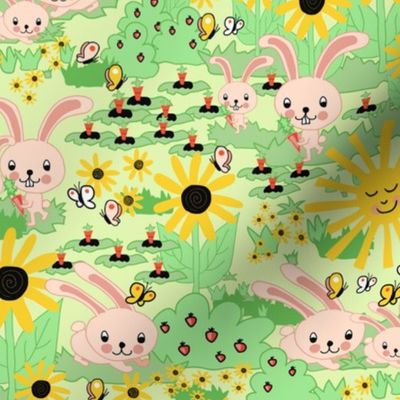 Bunnies on a field with bushes, carrots, strawberries, sun, butterflies, and sunflowers on a green background 