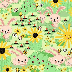 Bunnies on a field with bushes, carrots, strawberries, sun, butterflies, and sunflowers on a green background 