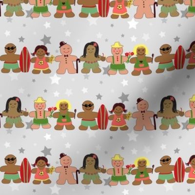 Gingerbread men and women on a gray background with stars. Gingerbread surfer. Gingerbread hula girl. Fun Christmas print.