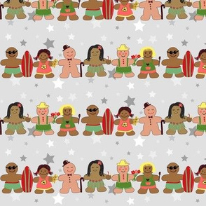 Gingerbread men and women on a gray background with stars. Gingerbread surfer. Gingerbread hula girl. Fun Christmas print.