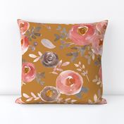  Modern Moody Fall Floral Pink Gray on Burnished Orange