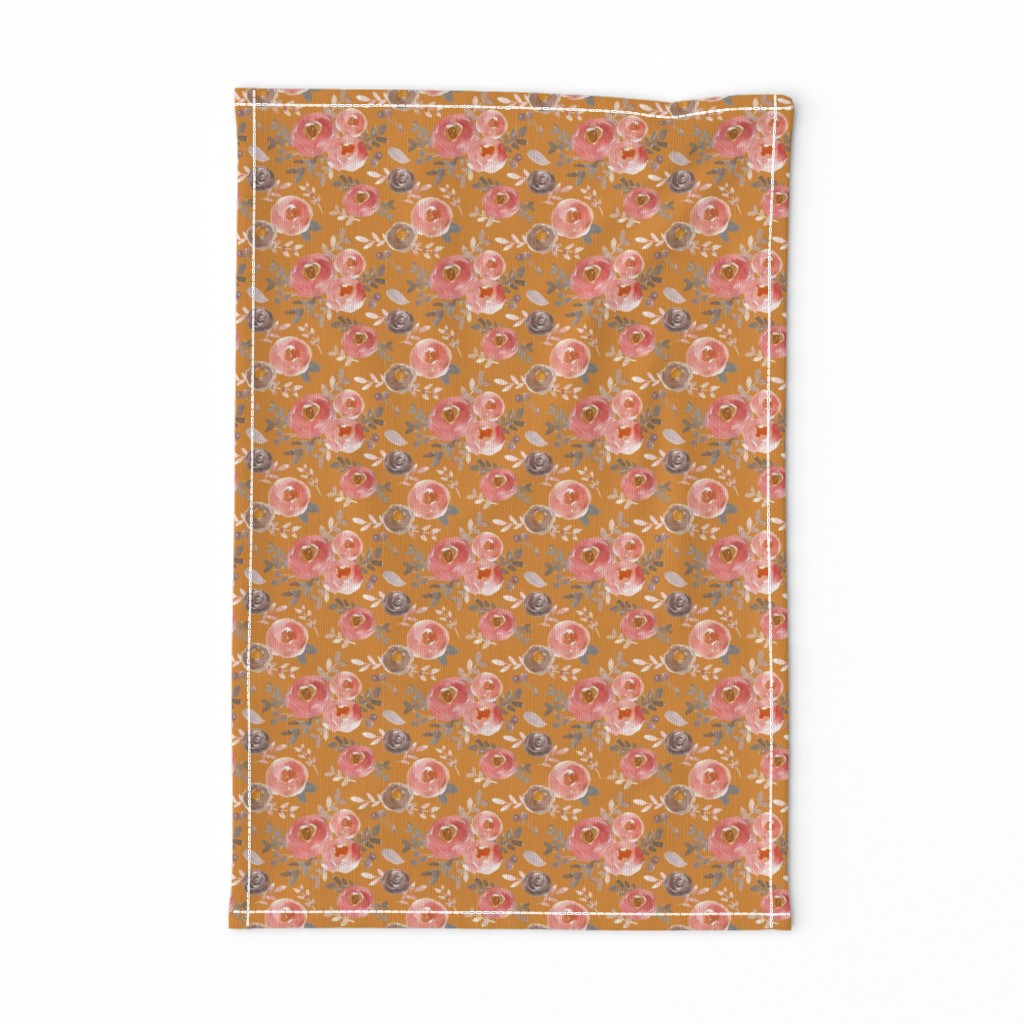  Modern Moody Fall Floral Pink Gray on  Dark Mustard