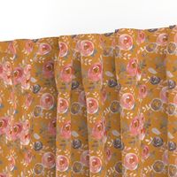  Modern Moody Fall Floral Pink Gray on  Dark Mustard