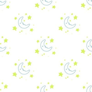 Moon & Stars - Blue Outline on White