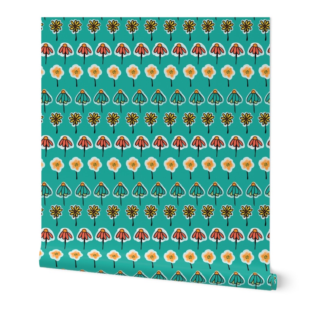Doodle flowers orange, yellow, teal, blue, black in a horizontal row on a teal turquoise background.